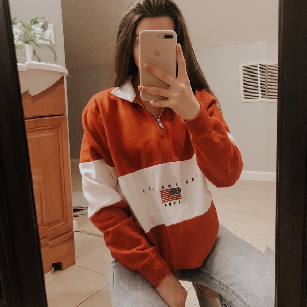 red, quarter zip